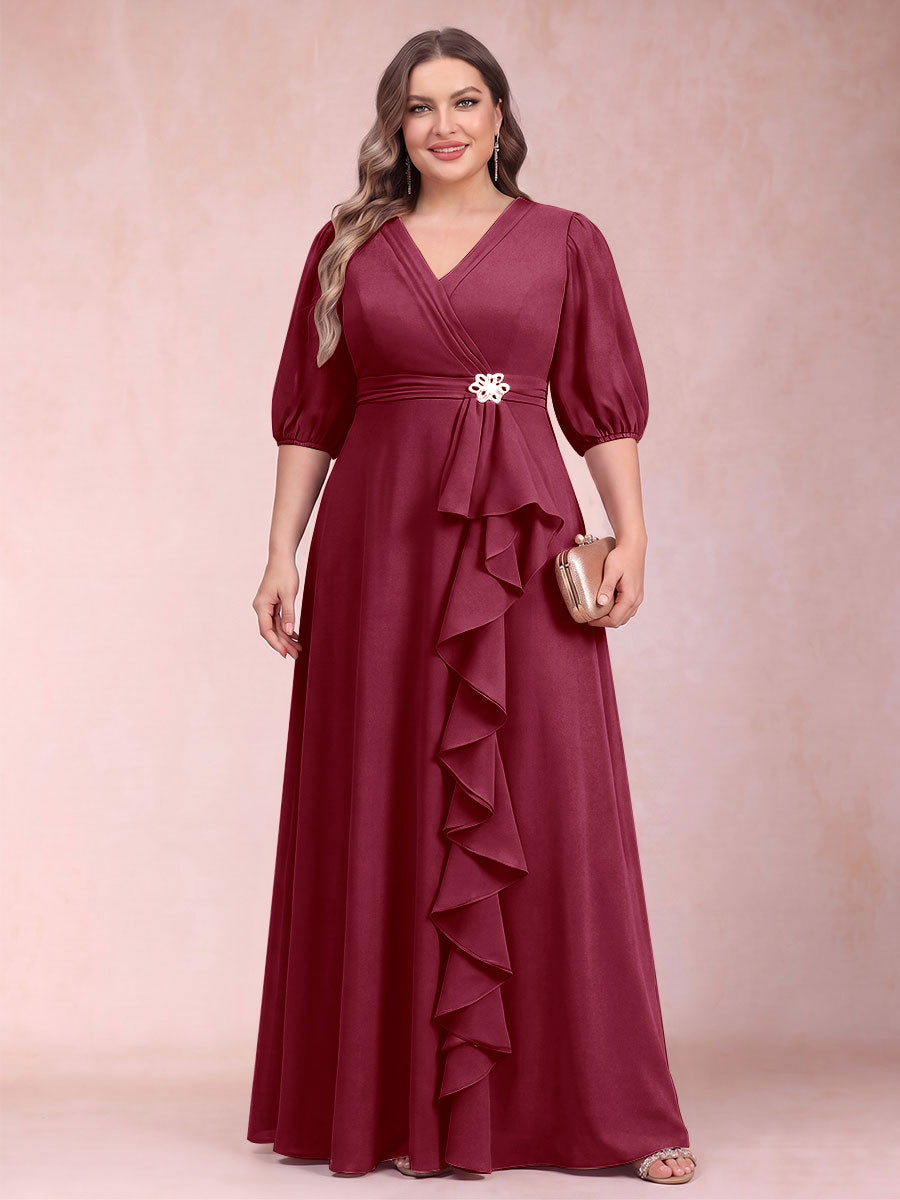 A-Line/Princess V-Neck 3/4 Sleeves Plus Size Mother of the Bride Dresses with Ruffles