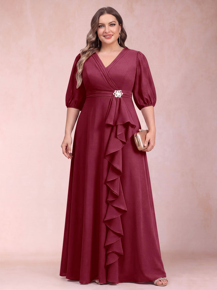 A-Line/Princess V-Neck 3/4 Sleeves Plus Size Mother of the Bride Dresses with Ruffles