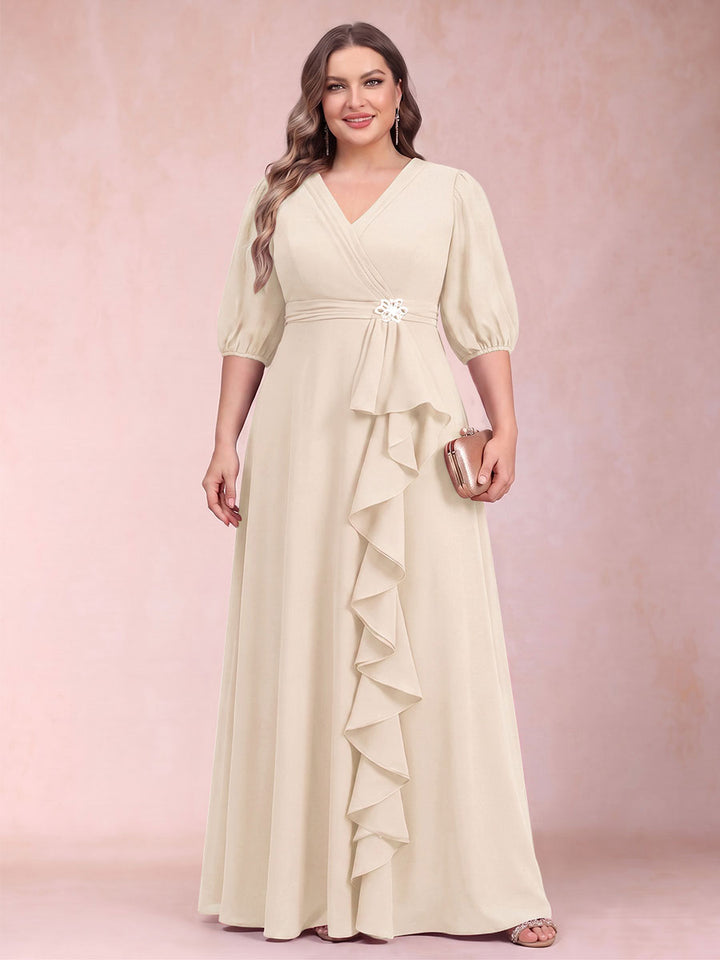 A-Line/Princess V-Neck 3/4 Sleeves Plus Size Mother of the Bride Dresses with Ruffles