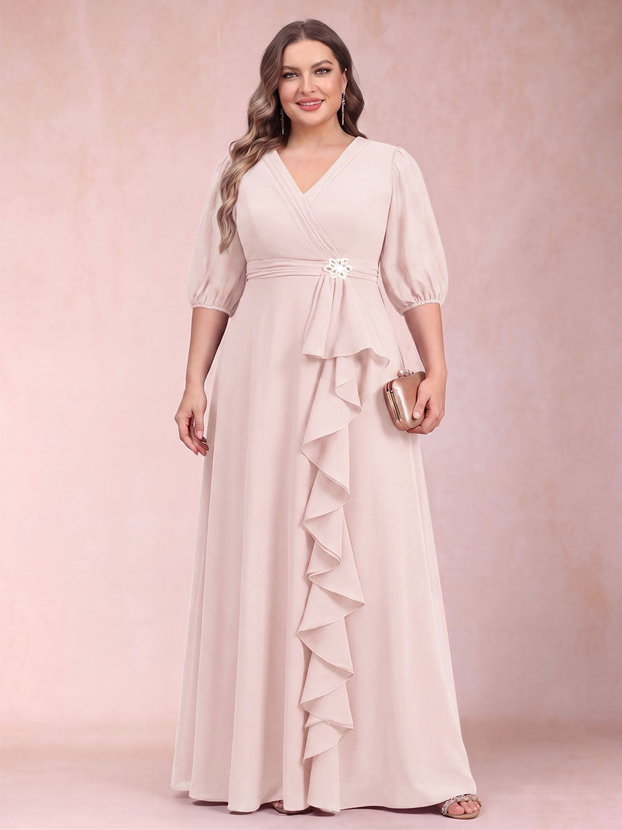 A-Line/Princess V-Neck 3/4 Sleeves Plus Size Mother of the Bride Dresses with Ruffles