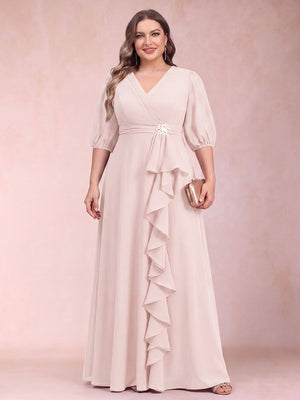 A-Line/Princess V-Neck 3/4 Sleeves Plus Size Mother of the Bride Dresses with Ruffles