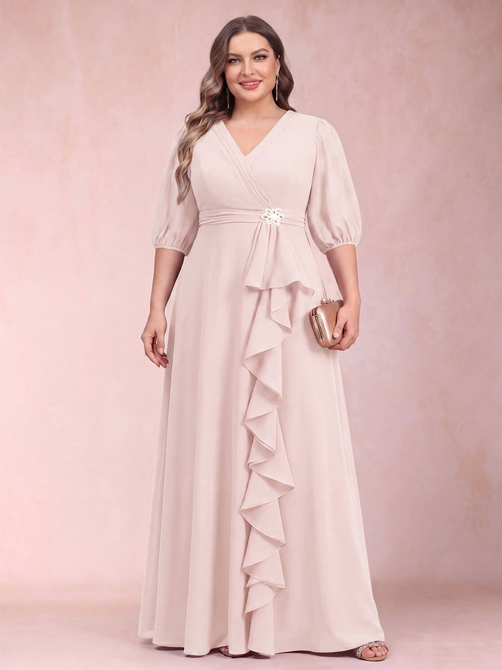 A-Line/Princess V-Neck 3/4 Sleeves Plus Size Mother of the Bride Dresses with Ruffles