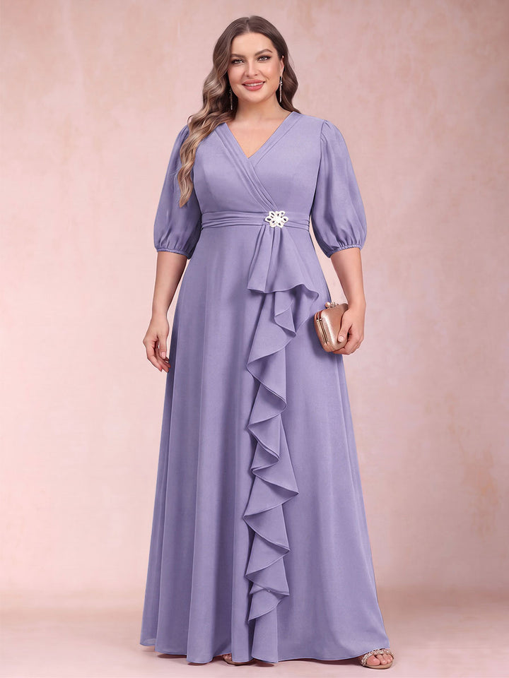 A-Line/Princess V-Neck 3/4 Sleeves Plus Size Mother of the Bride Dresses with Ruffles