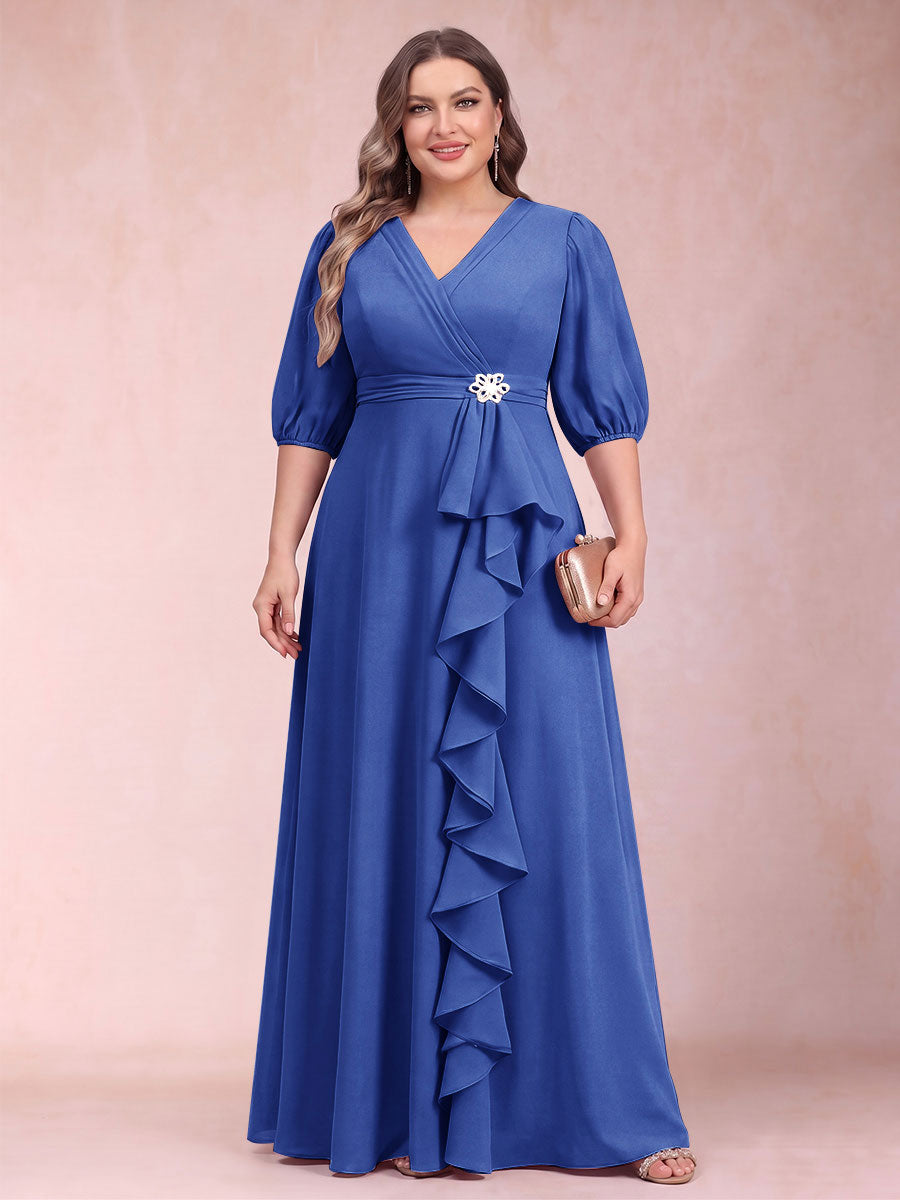A-Line/Princess V-Neck 3/4 Sleeves Plus Size Mother of the Bride Dresses with Ruffles