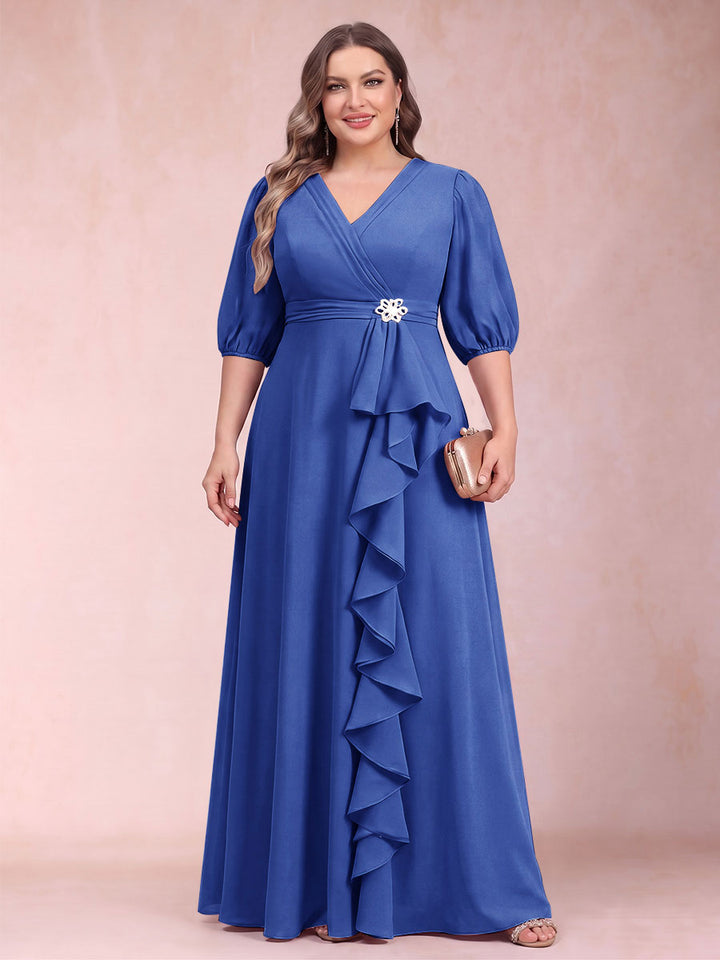 A-Line/Princess V-Neck 3/4 Sleeves Plus Size Mother of the Bride Dresses with Ruffles