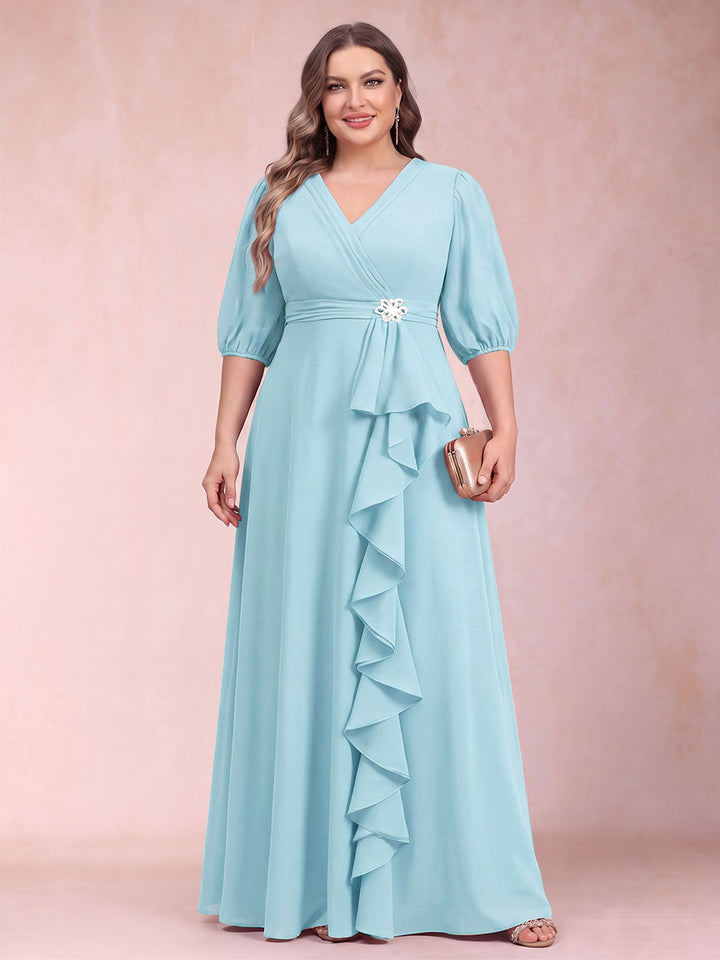 A-Line/Princess V-Neck 3/4 Sleeves Plus Size Mother of the Bride Dresses with Ruffles