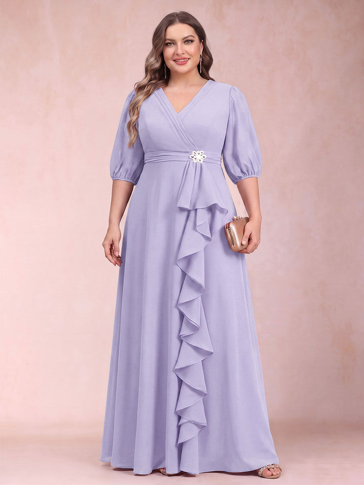 A-Line/Princess V-Neck 3/4 Sleeves Plus Size Mother of the Bride Dresses with Ruffles