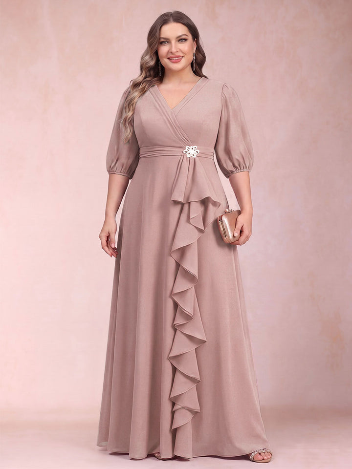 A-Line/Princess V-Neck 3/4 Sleeves Plus Size Mother of the Bride Dresses with Ruffles