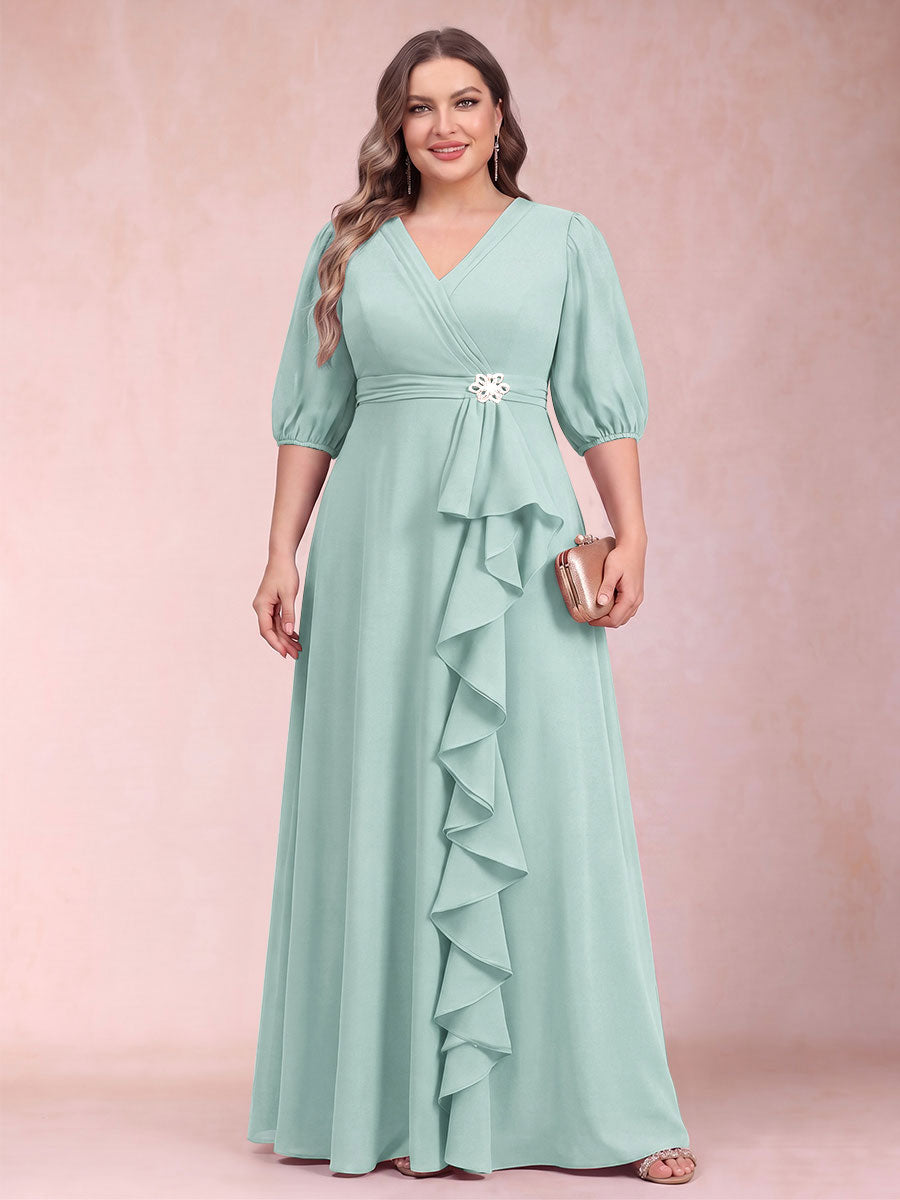 A-Line/Princess V-Neck 3/4 Sleeves Plus Size Mother of the Bride Dresses with Ruffles