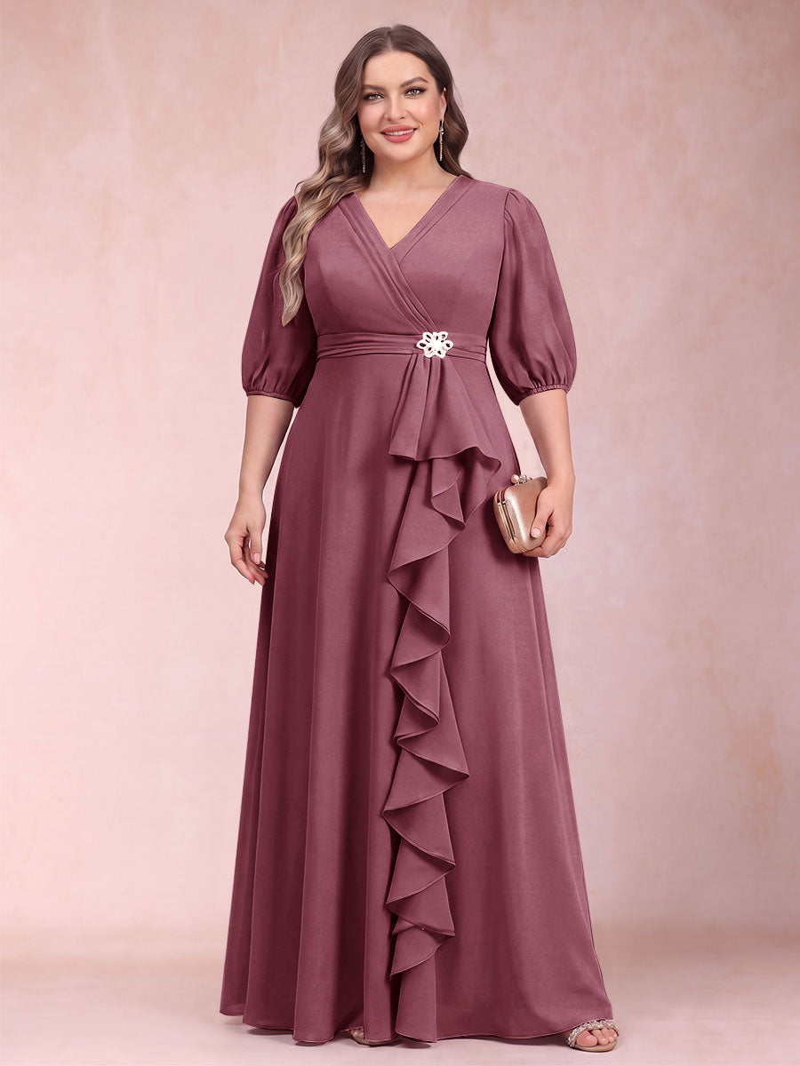 A-Line/Princess V-Neck 3/4 Sleeves Plus Size Mother of the Bride Dresses with Ruffles