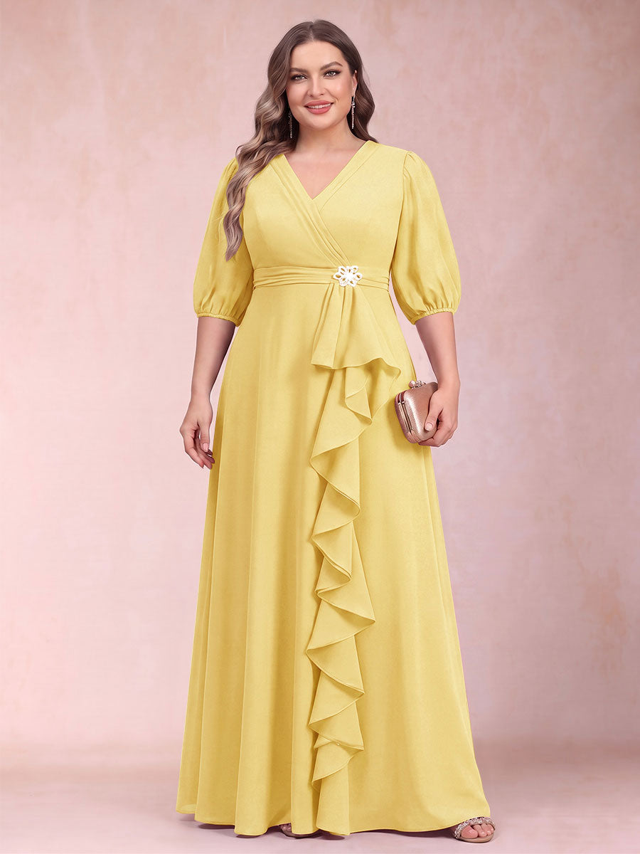 A-Line/Princess V-Neck 3/4 Sleeves Plus Size Mother of the Bride Dresses with Ruffles