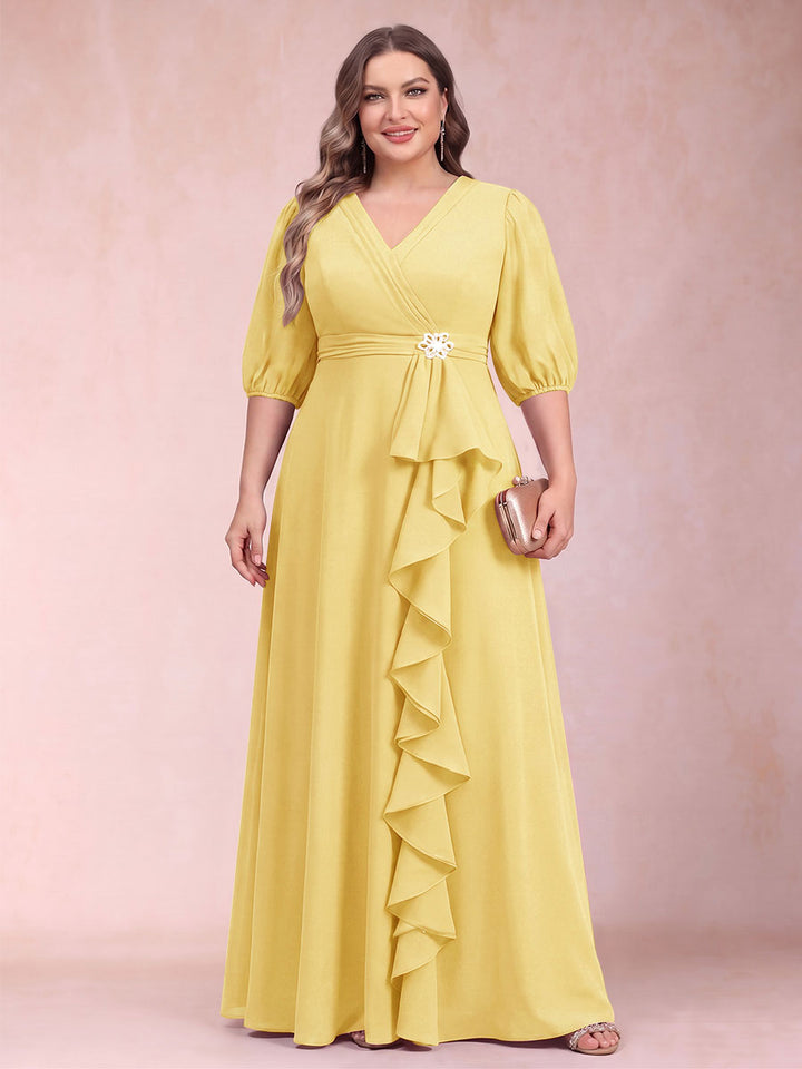 A-Line/Princess V-Neck 3/4 Sleeves Plus Size Mother of the Bride Dresses with Ruffles