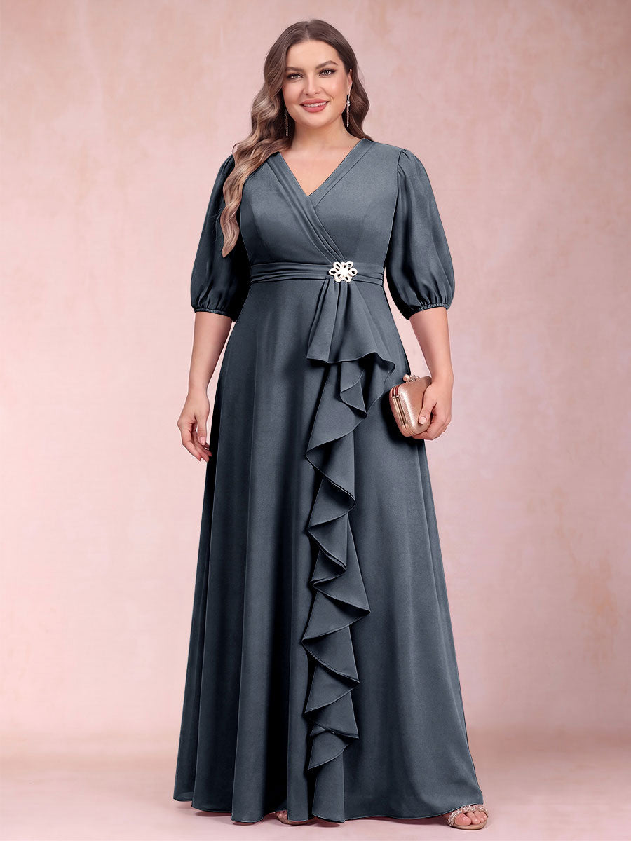 A-Line/Princess V-Neck 3/4 Sleeves Plus Size Mother of the Bride Dresses with Ruffles