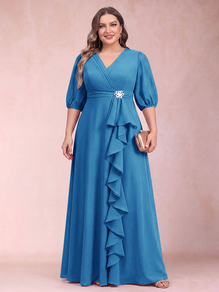 A-Line/Princess V-Neck 3/4 Sleeves Plus Size Mother of the Bride Dresses with Ruffles