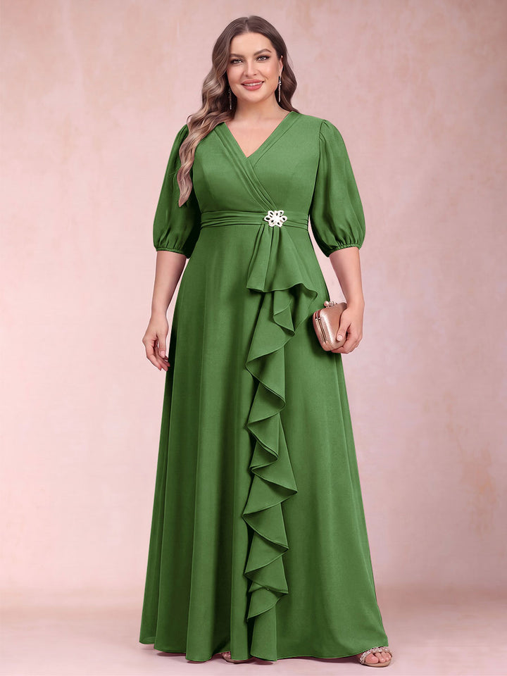 A-Line/Princess V-Neck 3/4 Sleeves Plus Size Mother of the Bride Dresses with Ruffles