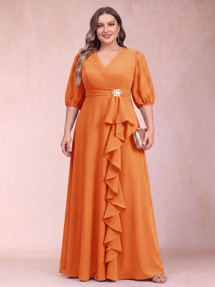 A-Line/Princess V-Neck 3/4 Sleeves Plus Size Mother of the Bride Dresses with Ruffles