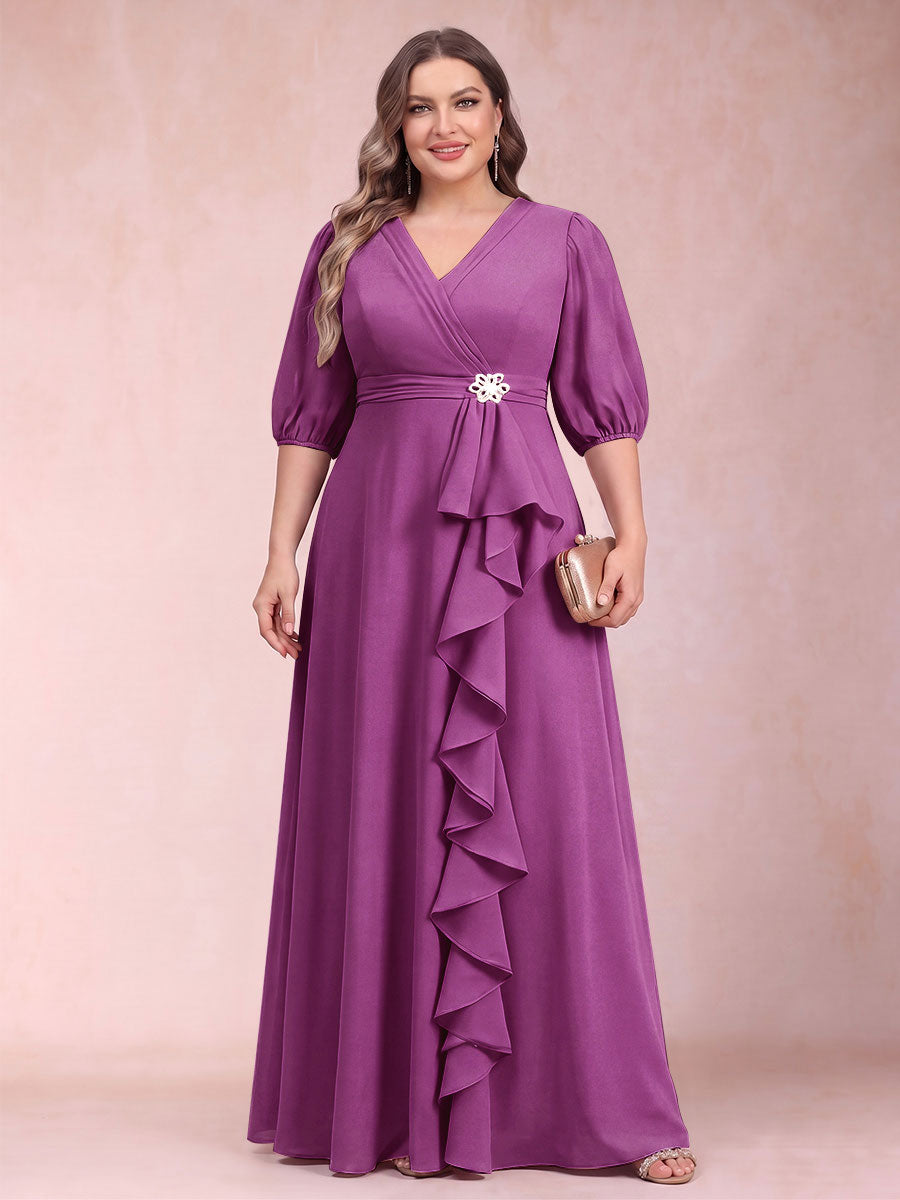 A-Line/Princess V-Neck 3/4 Sleeves Plus Size Mother of the Bride Dresses with Ruffles