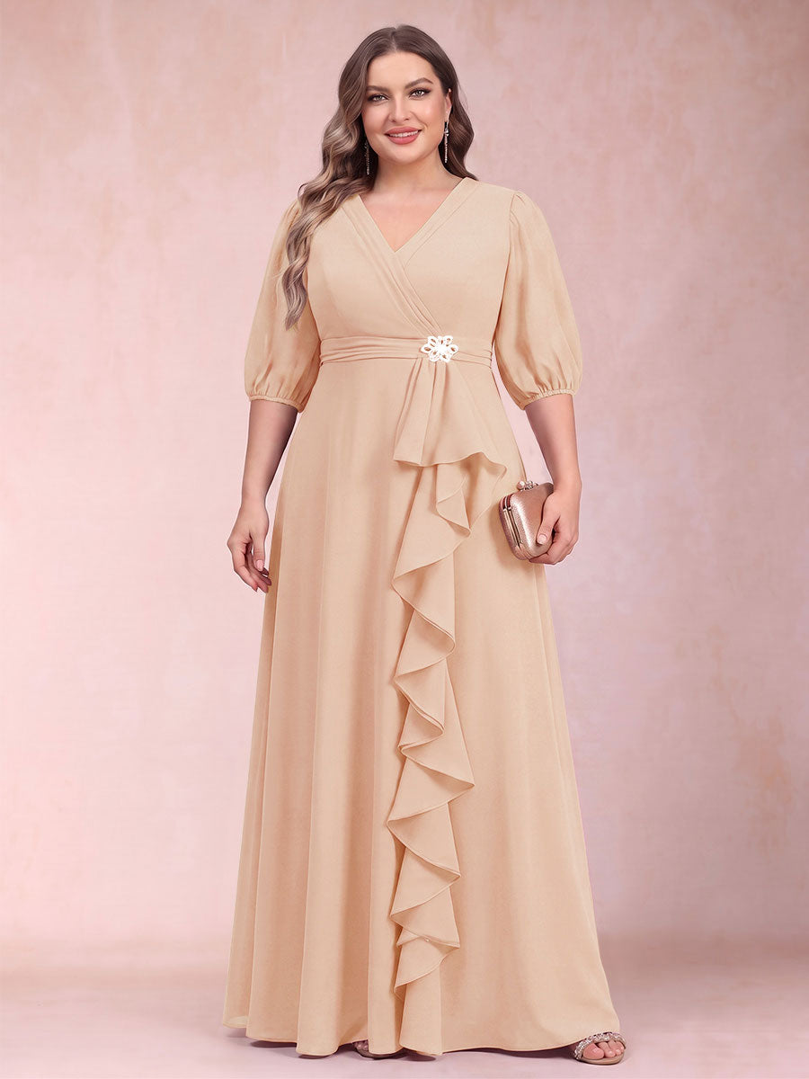 A-Line/Princess V-Neck 3/4 Sleeves Plus Size Mother of the Bride Dresses with Ruffles