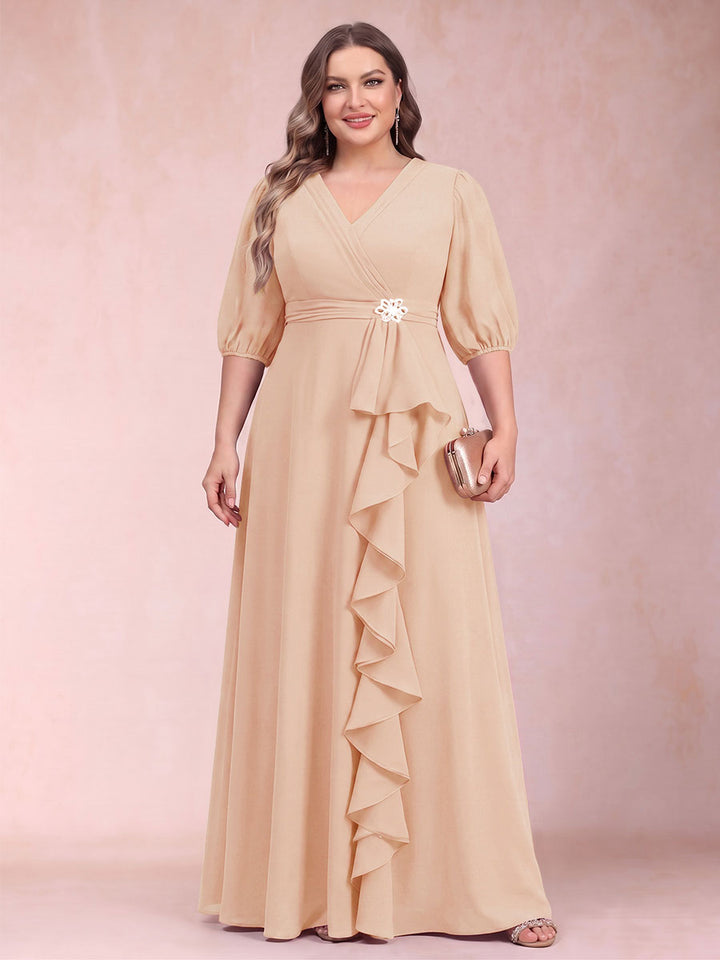 A-Line/Princess V-Neck 3/4 Sleeves Plus Size Mother of the Bride Dresses with Ruffles