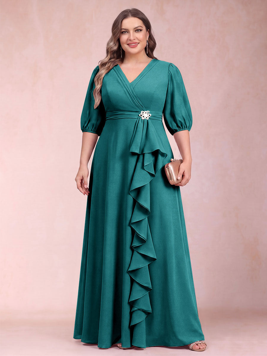 A-Line/Princess V-Neck 3/4 Sleeves Plus Size Mother of the Bride Dresses with Ruffles