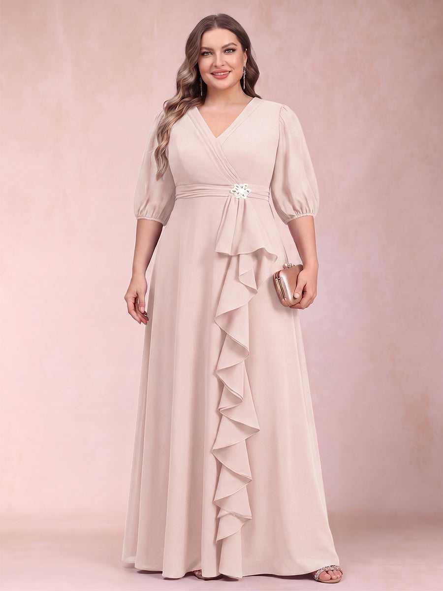 A-Line/Princess V-Neck 3/4 Sleeves Plus Size Mother of the Bride Dresses with Ruffles