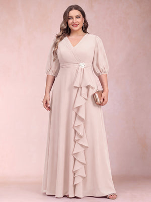 A-Line/Princess V-Neck 3/4 Sleeves Plus Size Mother of the Bride Dresses with Ruffles