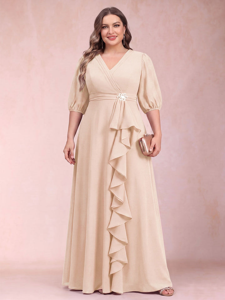 A-Line/Princess V-Neck 3/4 Sleeves Plus Size Mother of the Bride Dresses with Ruffles