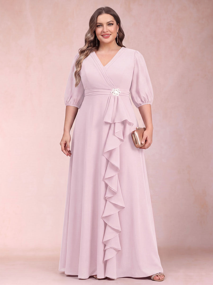A-Line/Princess V-Neck 3/4 Sleeves Plus Size Mother of the Bride Dresses with Ruffles