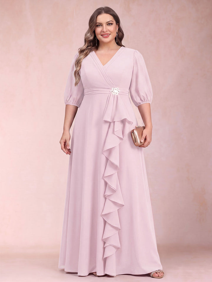 A-Line/Princess V-Neck 3/4 Sleeves Plus Size Mother of the Bride Dresses with Ruffles