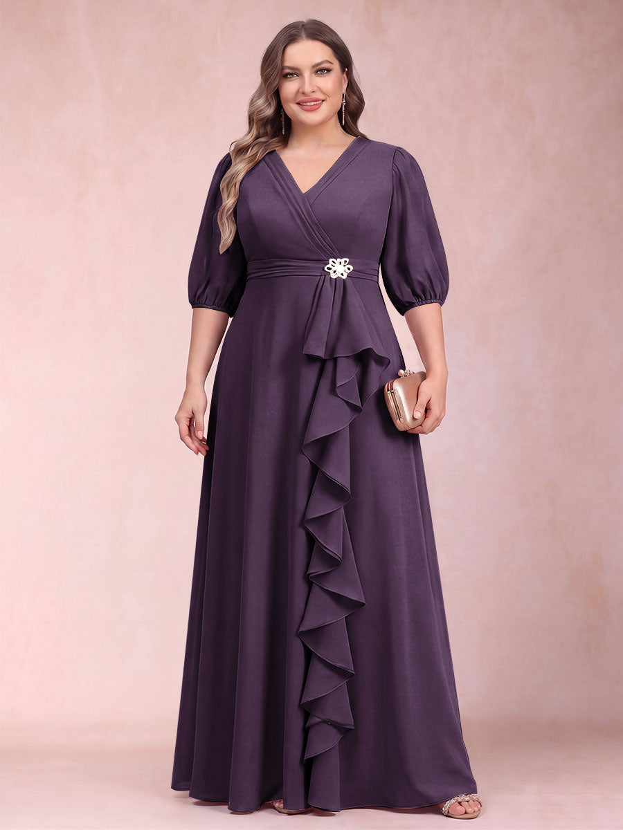 A-Line/Princess V-Neck 3/4 Sleeves Plus Size Mother of the Bride Dresses with Ruffles