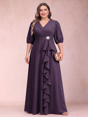 A-Line/Princess V-Neck 3/4 Sleeves Plus Size Mother of the Bride Dresses with Ruffles