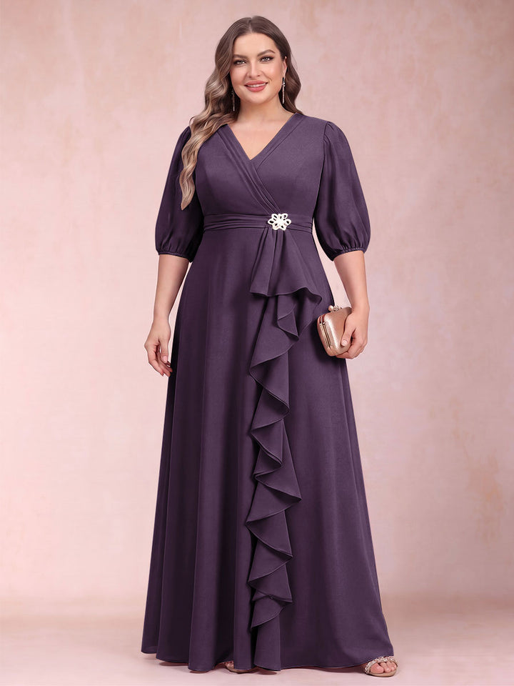 A-Line/Princess V-Neck 3/4 Sleeves Plus Size Mother of the Bride Dresses with Ruffles