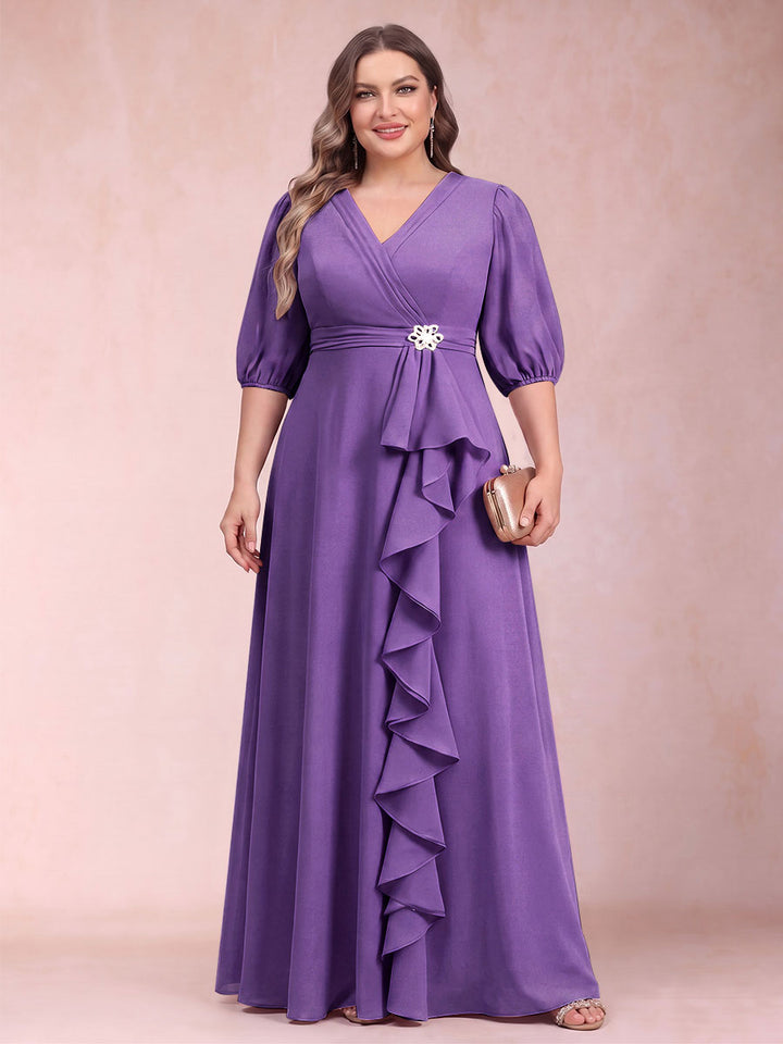 A-Line/Princess V-Neck 3/4 Sleeves Plus Size Mother of the Bride Dresses with Ruffles