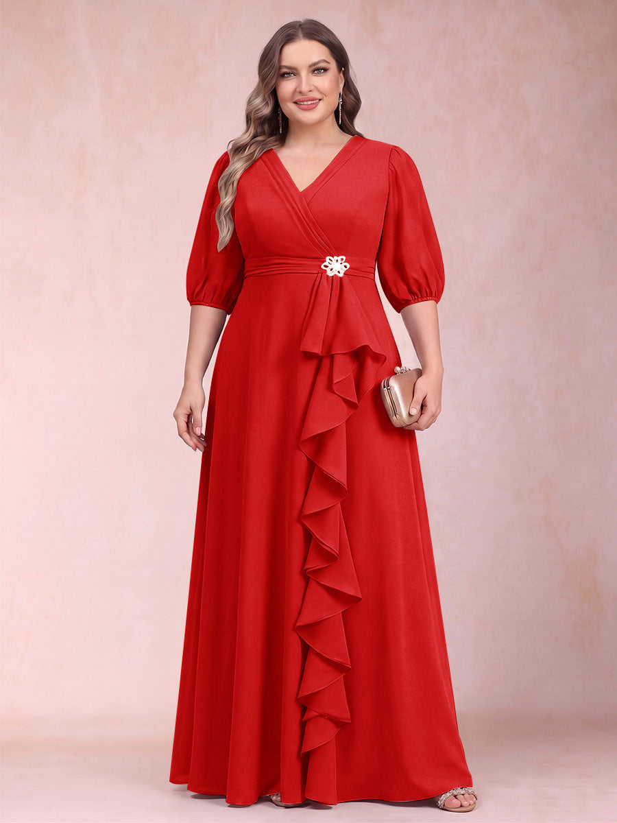 A-Line/Princess V-Neck 3/4 Sleeves Plus Size Mother of the Bride Dresses with Ruffles