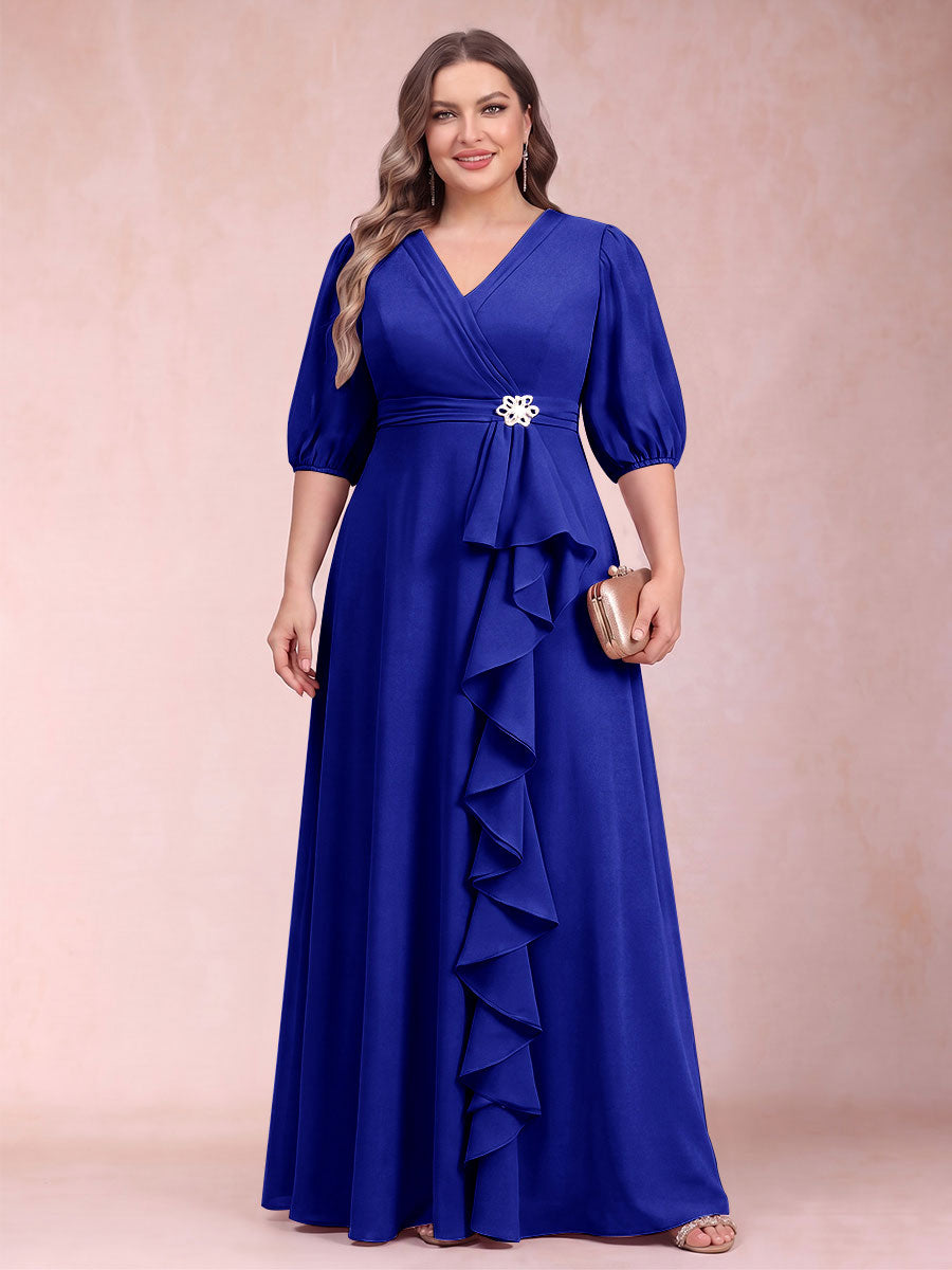 A-Line/Princess V-Neck 3/4 Sleeves Plus Size Mother of the Bride Dresses with Ruffles