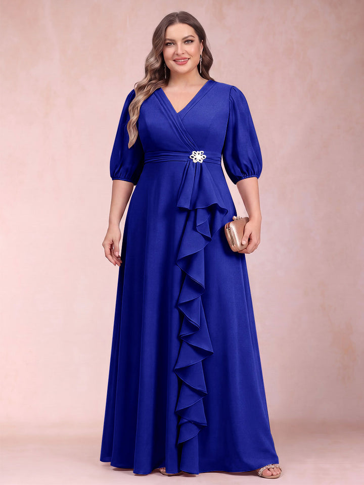 A-Line/Princess V-Neck 3/4 Sleeves Plus Size Mother of the Bride Dresses with Ruffles