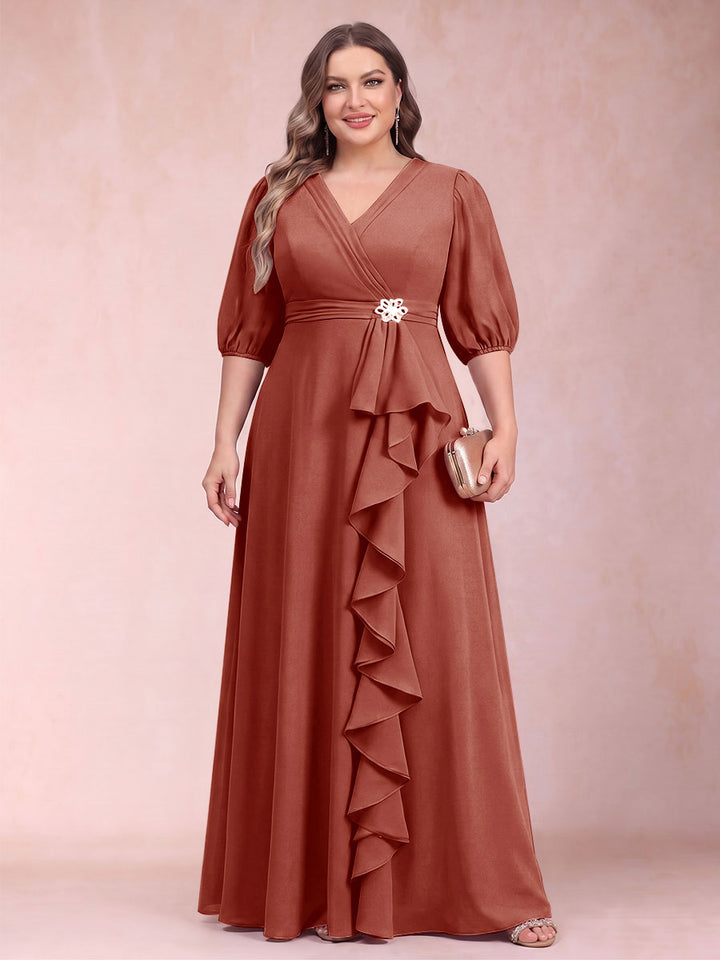 A-Line/Princess V-Neck 3/4 Sleeves Plus Size Mother of the Bride Dresses with Ruffles