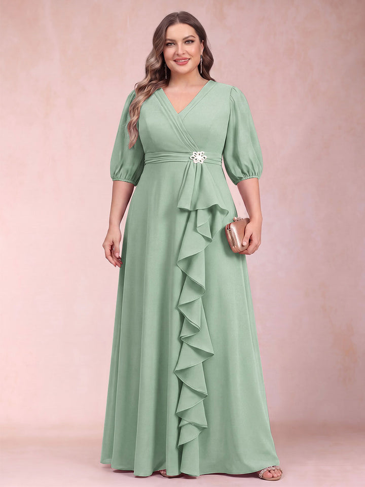 A-Line/Princess V-Neck 3/4 Sleeves Plus Size Mother of the Bride Dresses with Ruffles