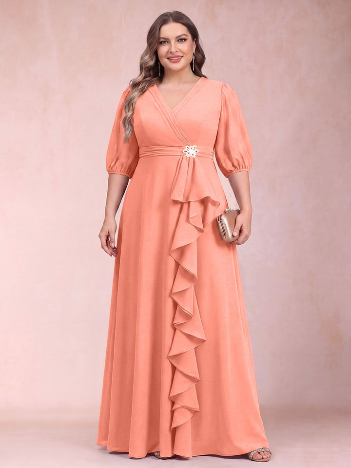 A-Line/Princess V-Neck 3/4 Sleeves Plus Size Mother of the Bride Dresses with Ruffles