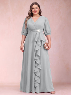 A-Line/Princess V-Neck 3/4 Sleeves Plus Size Mother of the Bride Dresses with Ruffles
