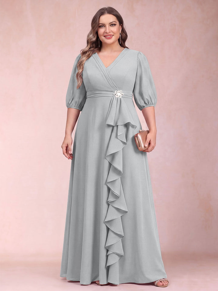 A-Line/Princess V-Neck 3/4 Sleeves Plus Size Mother of the Bride Dresses with Ruffles