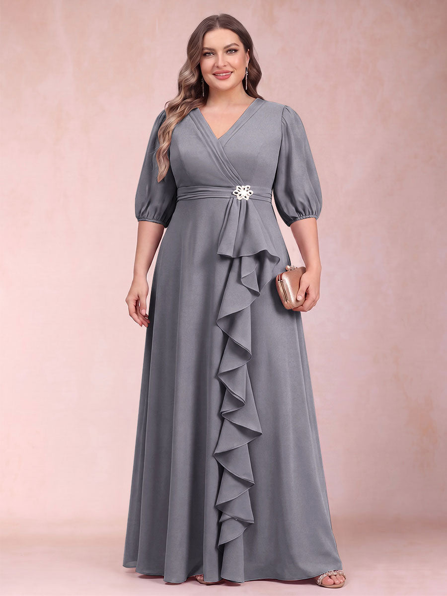 A-Line/Princess V-Neck 3/4 Sleeves Plus Size Mother of the Bride Dresses with Ruffles