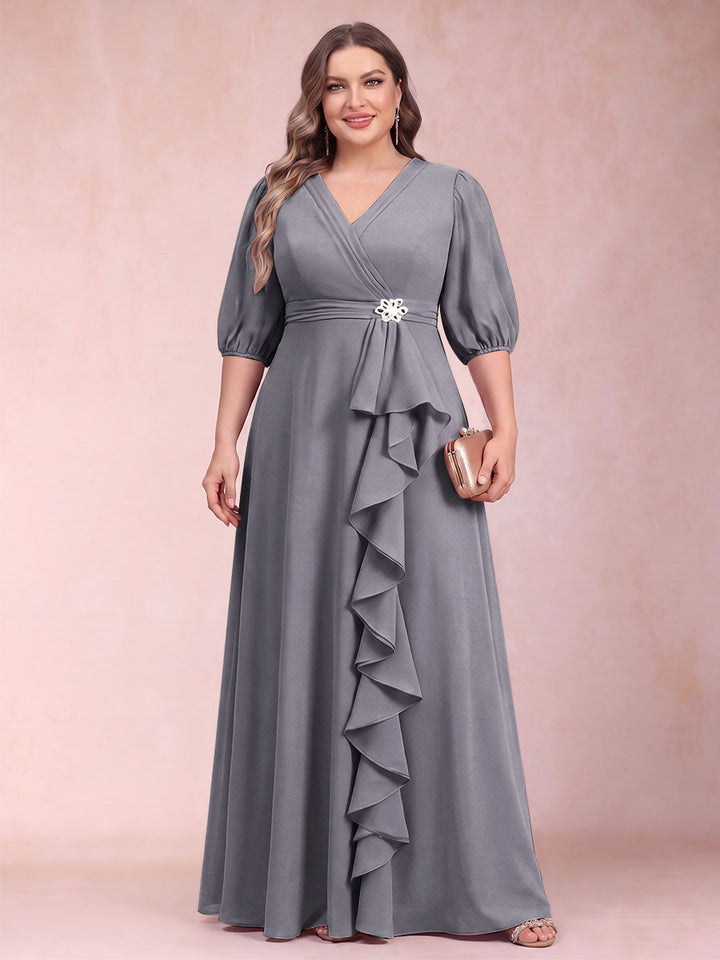 A-Line/Princess V-Neck 3/4 Sleeves Plus Size Mother of the Bride Dresses with Ruffles