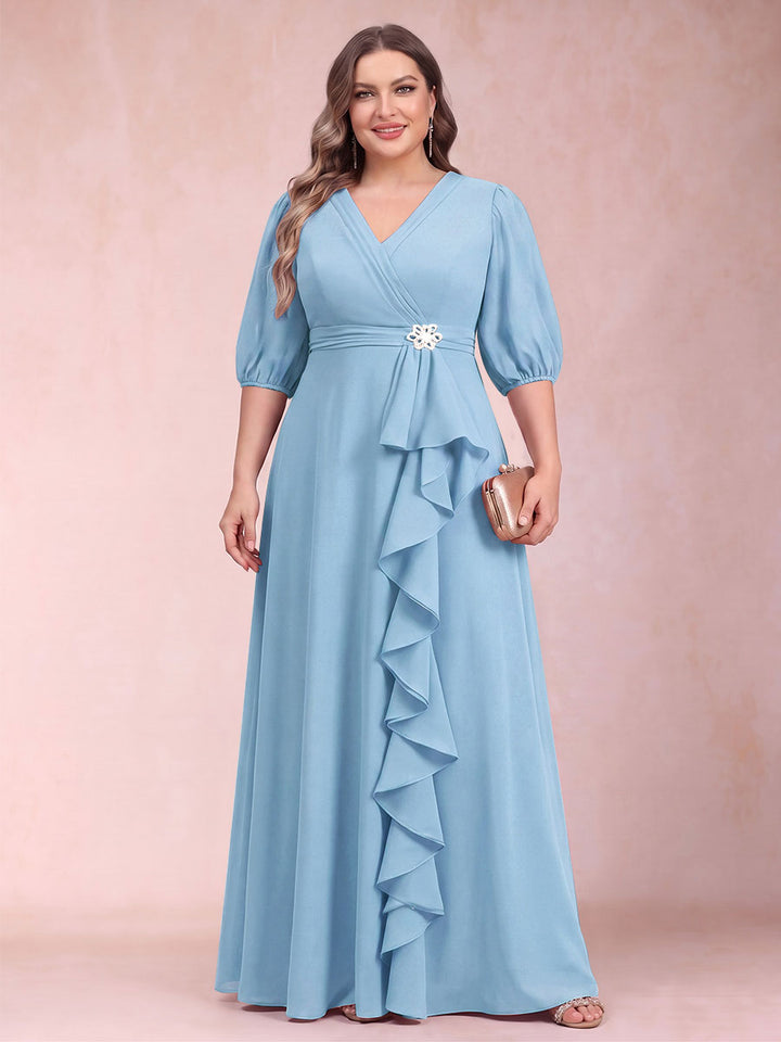A-Line/Princess V-Neck 3/4 Sleeves Plus Size Mother of the Bride Dresses with Ruffles