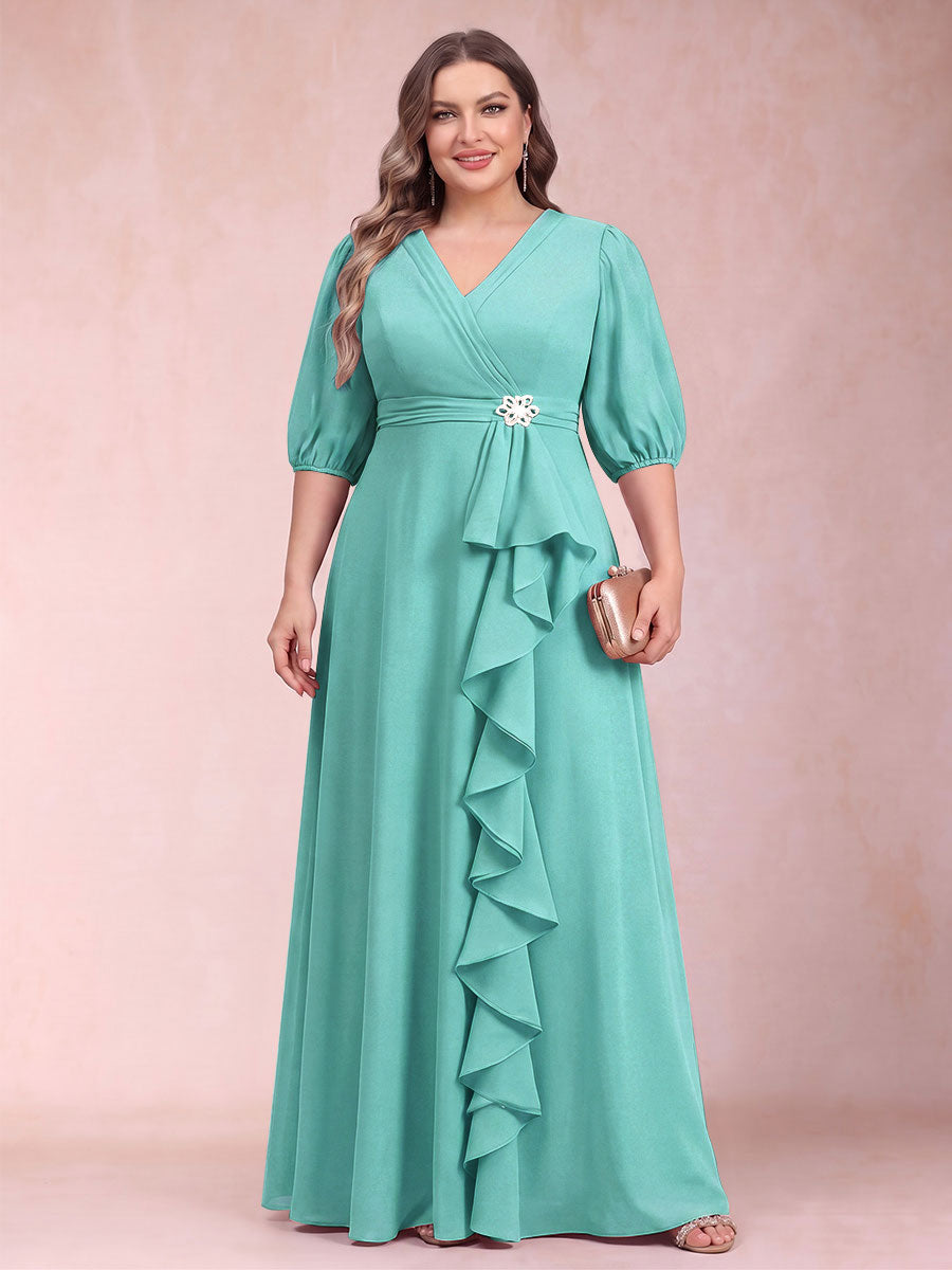 A-Line/Princess V-Neck 3/4 Sleeves Plus Size Mother of the Bride Dresses with Ruffles
