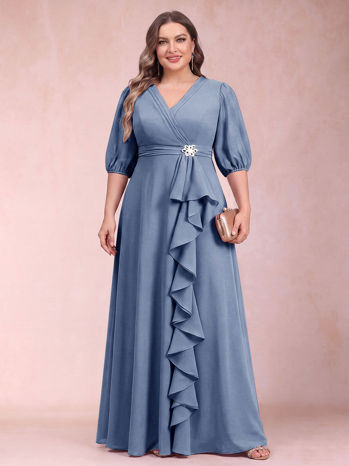 A-Line/Princess V-Neck 3/4 Sleeves Plus Size Mother of the Bride Dresses with Ruffles
