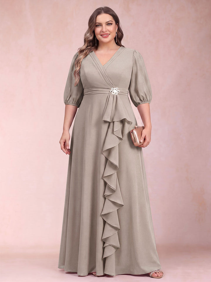 A-Line/Princess V-Neck 3/4 Sleeves Plus Size Mother of the Bride Dresses with Ruffles
