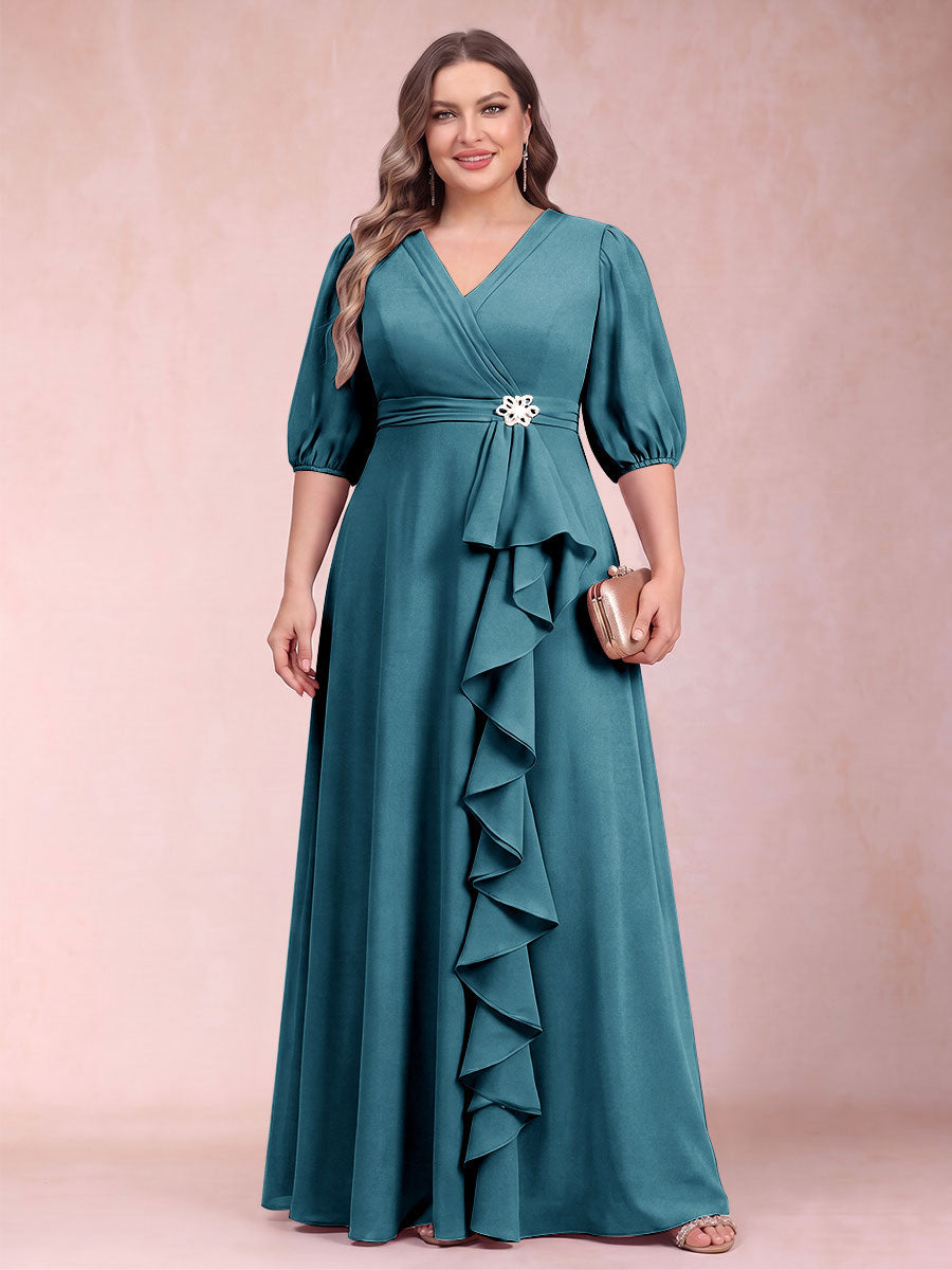 A-Line/Princess V-Neck 3/4 Sleeves Plus Size Mother of the Bride Dresses with Ruffles