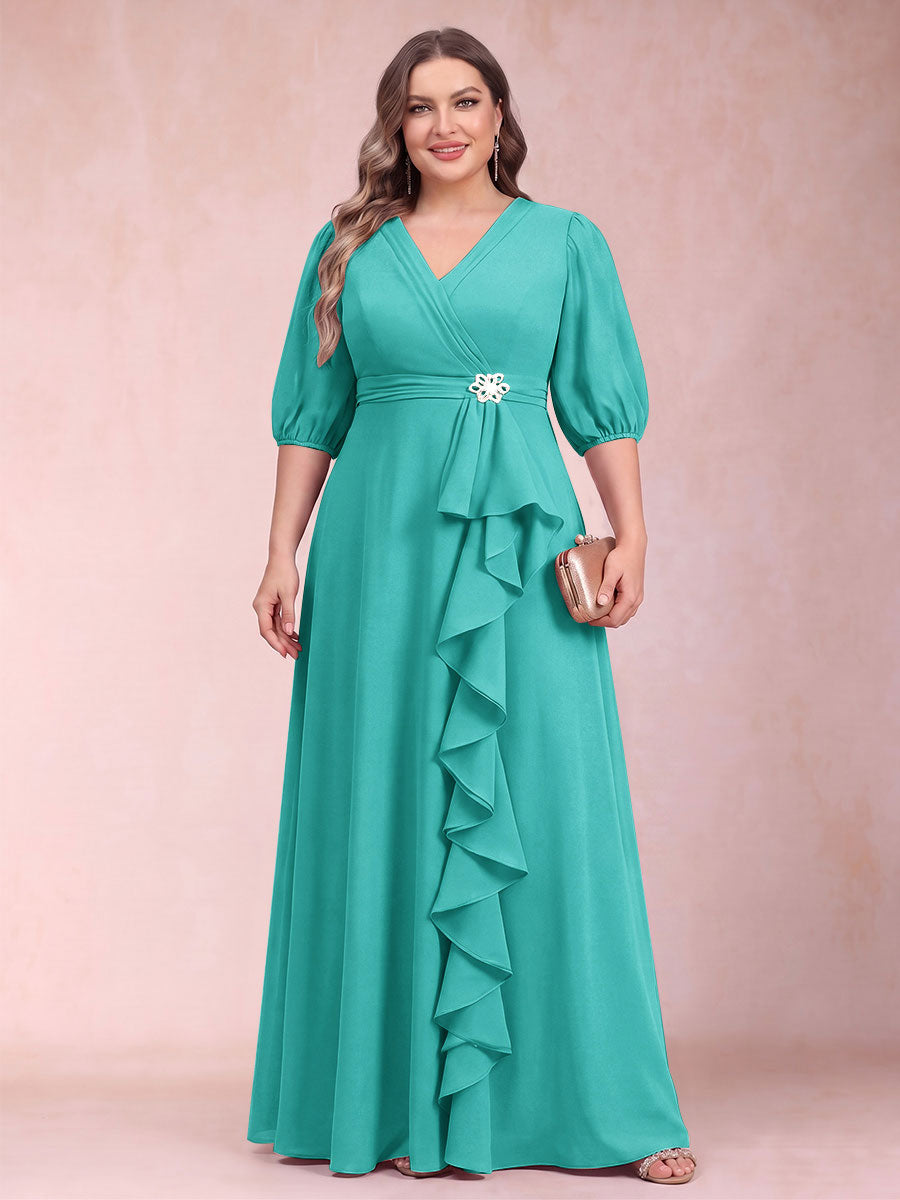 A-Line/Princess V-Neck 3/4 Sleeves Plus Size Mother of the Bride Dresses with Ruffles