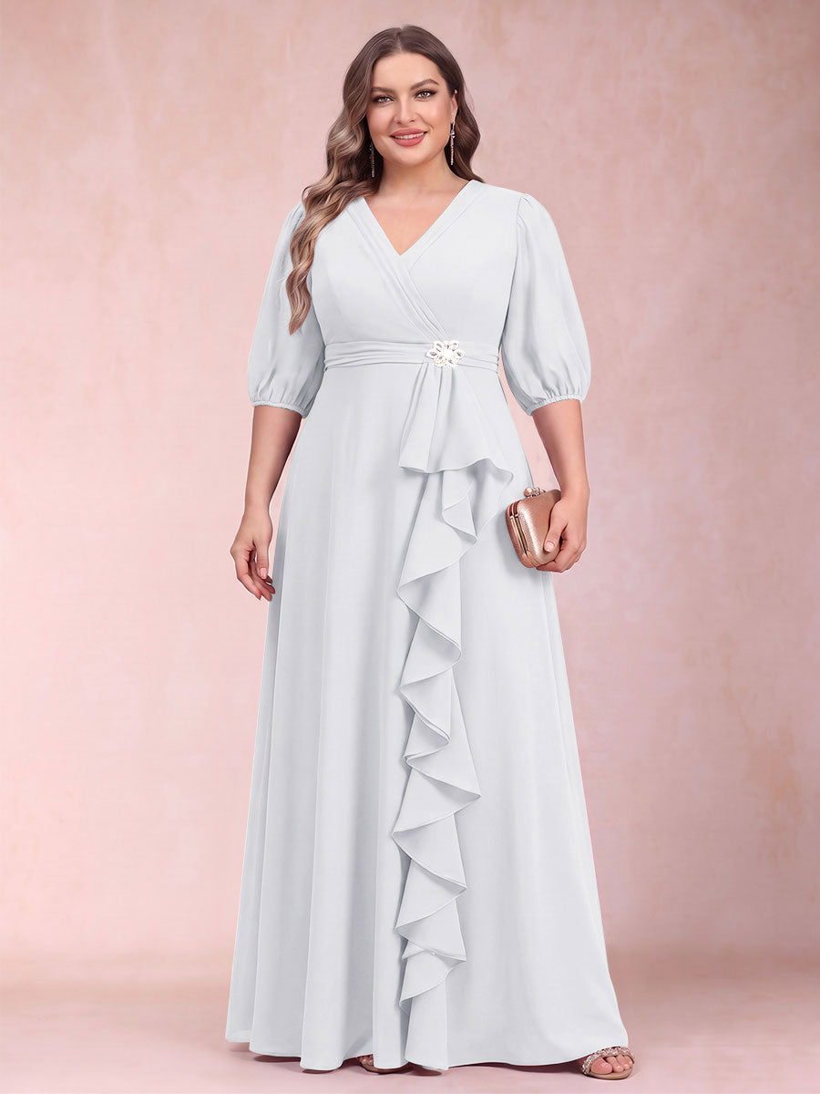 A-Line/Princess V-Neck 3/4 Sleeves Plus Size Mother of the Bride Dresses with Ruffles